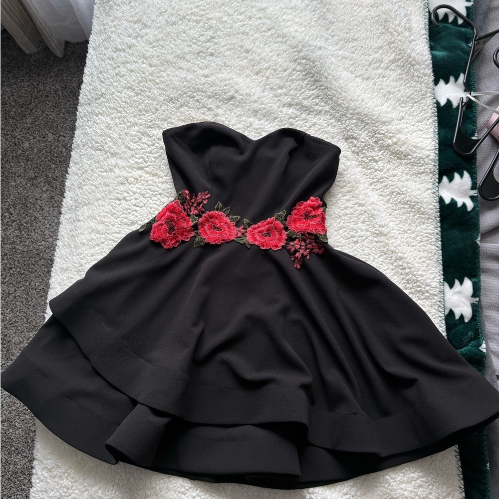 Black Strapless Dress with Red Floral Embroidery